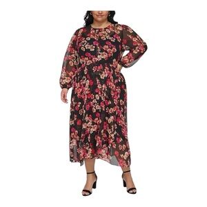 Tommy Hilfiger Floral Black and Red Poppy Metallic Long Sleeve Chiffon Dress 20W